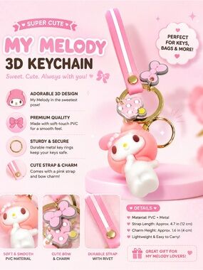 Sanrio My Melody Pink & White 3D Keychain with Bow Charm